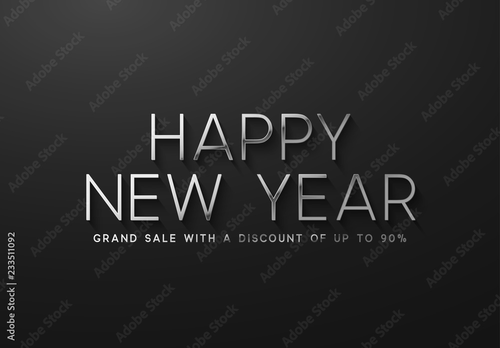 Happy New Year Sale Banner, poster, logo silver color on black background.