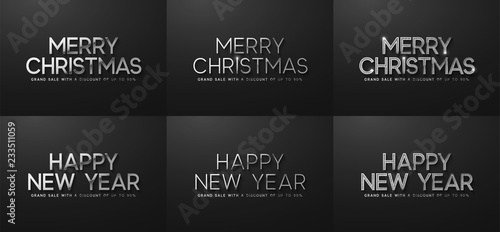 Merry Christmas and Happy New Year Sale. Banner  poster  logo silver color on black background.