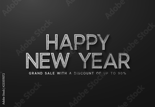 Happy New Year Sale Banner, poster, logo silver color on black background.