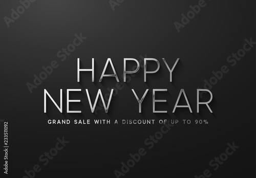 Happy New Year Sale Banner, poster, logo silver color on black background.