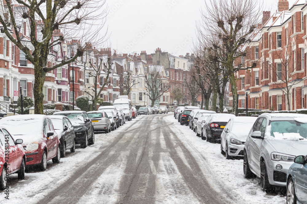 London street covered in winter snow are West Hampstead area