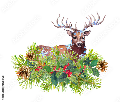 Deer in snow flakes, fir tree, christmas mistletoe. Watercolor