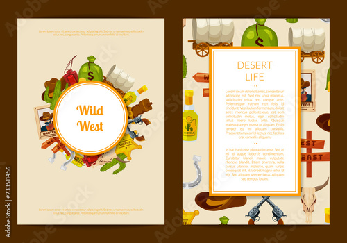 Vector cartoon wild west elements card or flyer template illustration. Web banner amd poster