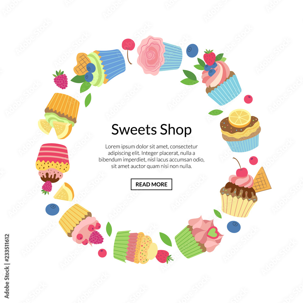 Vector cute cartoon muffins or cupcakes in circle shape with place for text illustration isolate on white