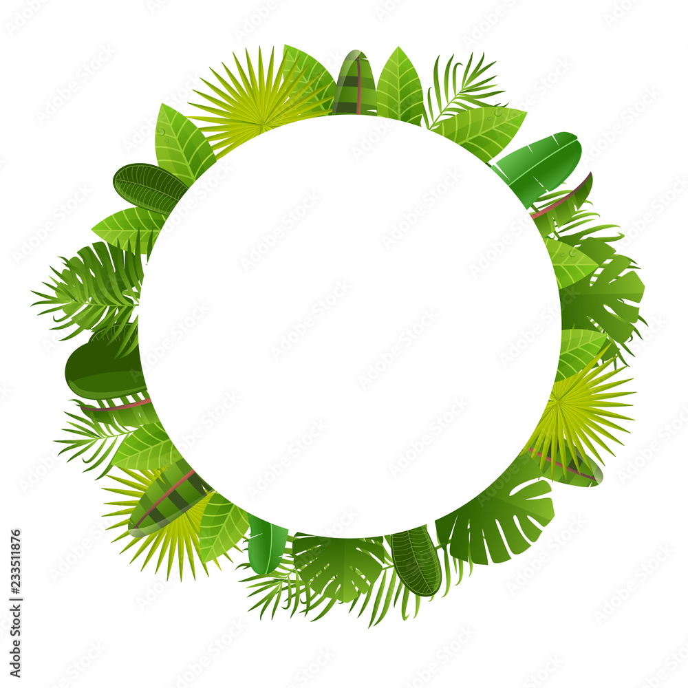 Tropical leaves frame. Floral jungle design background. Palm, banana, frangipany, monstera, strelitzia Tropical leaves frame. Floral jungle design background. Palm, banana, frangipany, monstera, strelitzia