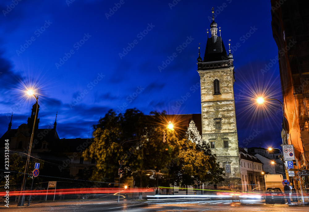 Night view on Ancient New Town Hall Tower and night lights, Prague, Czech Republic