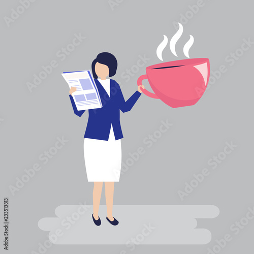 Businesswoman drinking coffee and reading a newspaper illustration