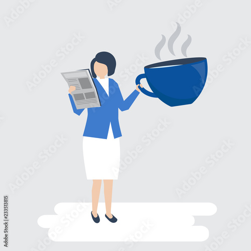 Businesswoman drinking coffee and reading a newspaper illustration