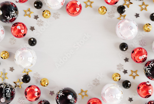 Christmas card mockup with red baubles 3D rendering