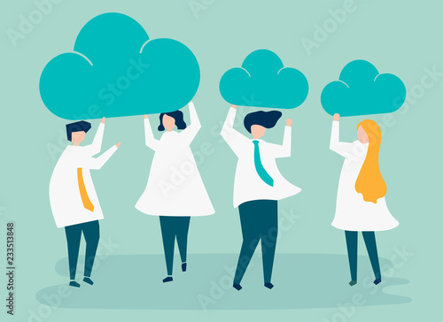 Characters of business people holding cloud icons illustration