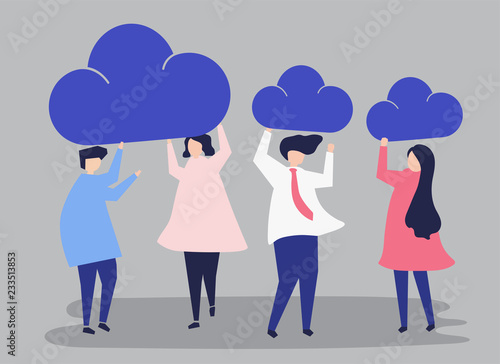 Characters of business people holding cloud icons illustration