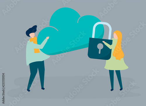 Characters of a couple and a cloud security illustration