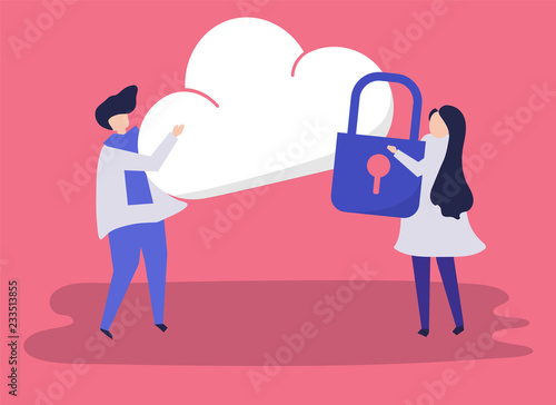 Characters of a couple and a cloud security illustration