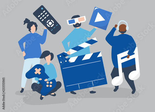 Characters of people holding multimedia icons illustration