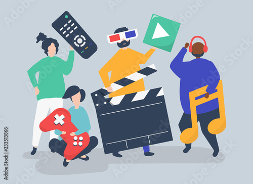 Characters of people holding multimedia icons illustration