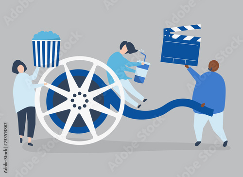Characters of people holding movie icons illustration