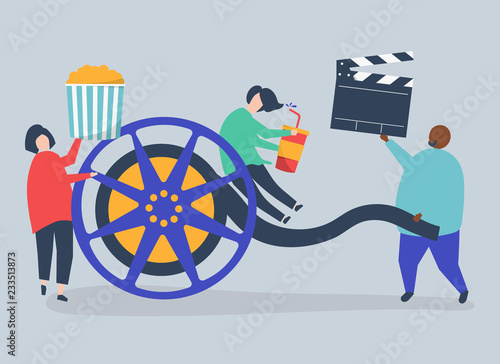 Characters of people holding movie icons illustration