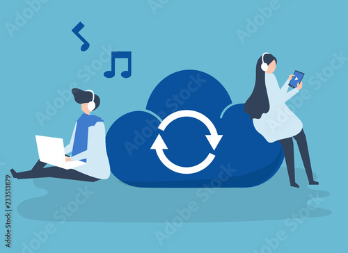Characters of a couple sharing and listening to music illustration