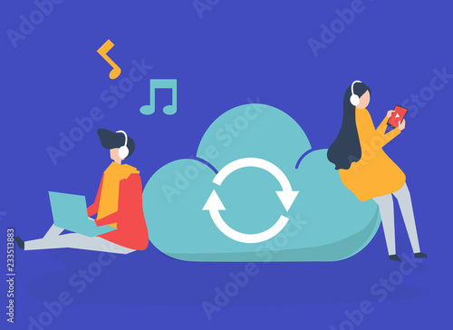 Characters of a couple sharing and listening to music illustration