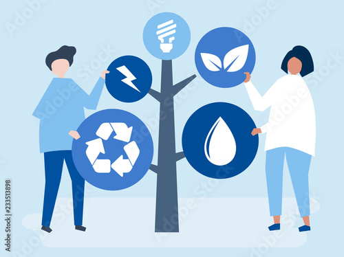 Characters of people and a tree of environmental icons illustration
