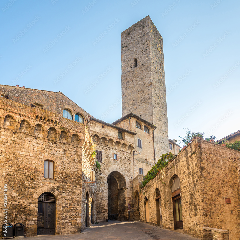 View at the Becci tower in the streets of San Gimignano in Italian Tuscany