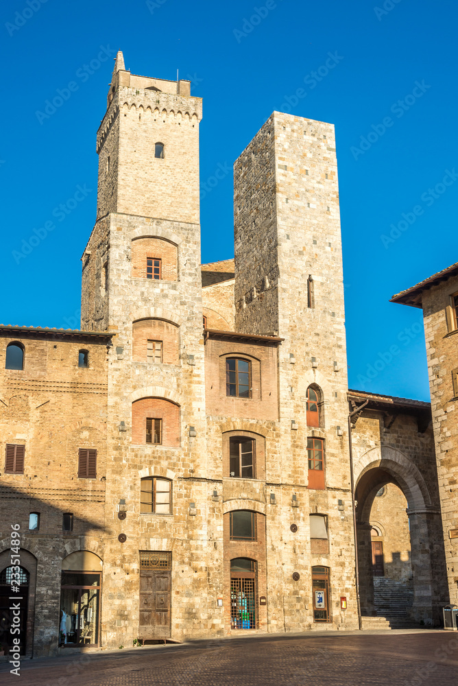 View at the Two Towers of Ardingheli from Cisterna place in San Gimignano - Italy
