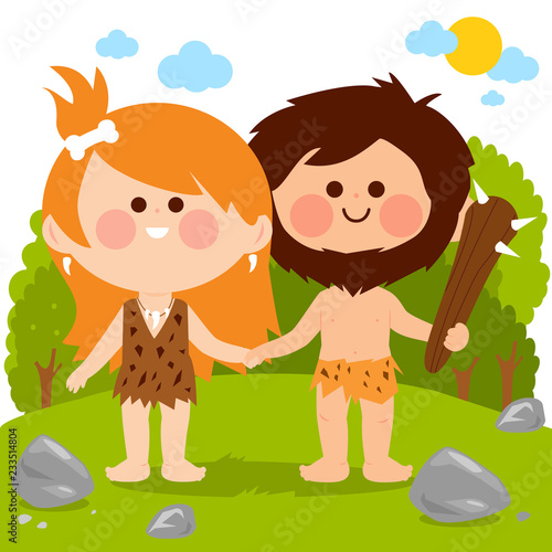 Prehistoric landscape with two cavemen, a man and a woman. Vector illustration