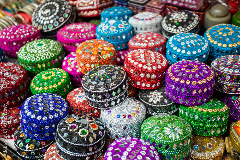 Jewelry boxes for sale on a street market in Marrakech, Morocco, ethnic jewelry from Morocco.