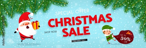 Christmas sale, banner with Santa Claus, elf, snow, christmas tree, Vector llustration