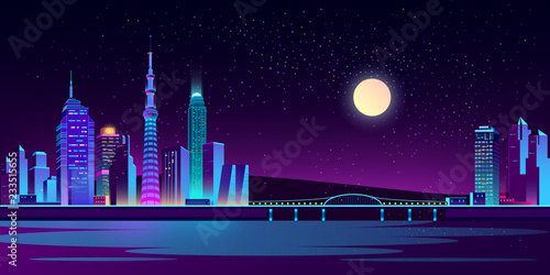 Vector concept background with night city illuminated with neon glowing lights. Futuristic cityscape in blue and violet colors, panorama with modern buildings, skyscrapers on waterfront, urban skyline