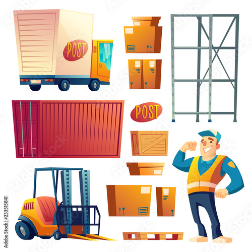 Delivery or postal service cartoon vector icons set isolated on white background. Logistics, shipping company worker, warehouse equipment, loading machine, cargo car and various containers collection