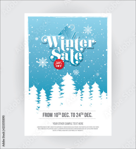 A4 Size Winter Sale, Offer Poster Design Layout Template with 50% Discount Tag