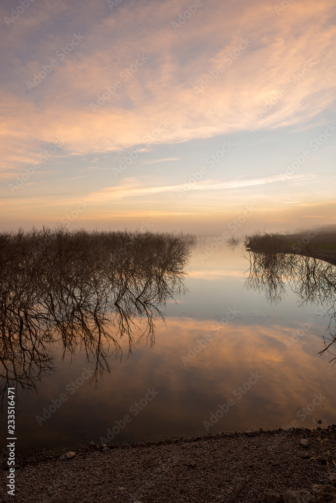 Reflections of the branches in the river in daimiel tables