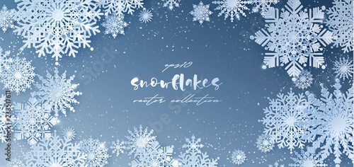 White Paper cut snow flake greeting background, Merry Christmas and Happy New Year banner, winter origami, snowfall papercut poster. Vector Snowflake frame, paper snow modern card, trendy ornament.