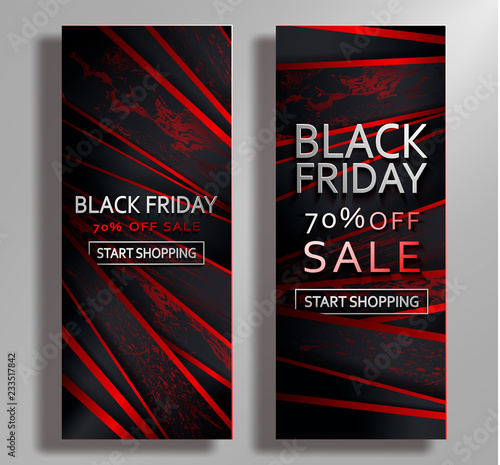 Black Friday Sale luxury poster with black and red paper cut tapes background, marble and grunge texture. Vector illustration of Black Friday Sale for Shopping banner, vousher, card...