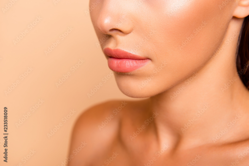 Profile side view cropped close up photo of calm lady with her n Profile side view cropped close up photo of calm lady with her n