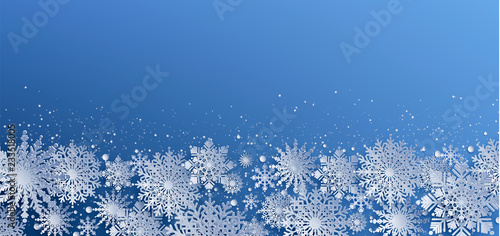 White Paper cut snow flake greeting background, Merry Christmas and Happy New Year banner, winter origami, snowfall papercut poster. Vector Snowflake frame, paper snow modern card, trendy ornament.