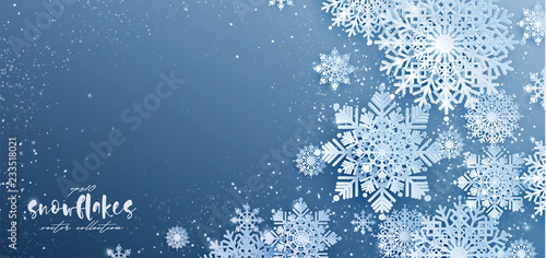 White Paper cut snow flake greeting background, Merry Christmas and Happy New Year banner, winter origami, snowfall papercut poster. Vector Snowflake frame, paper snow modern card, trendy ornament.