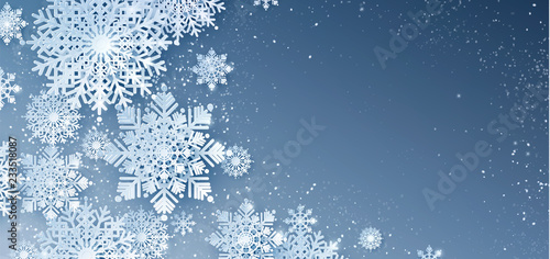 White Paper cut snow flake greeting background, Merry Christmas and Happy New Year banner, winter origami, snowfall papercut poster. Vector Snowflake frame, paper snow modern card, trendy ornament.