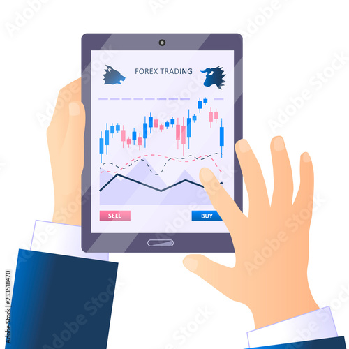 Hands hold a tablet with forex trade application. Stock market business infografics. Vector flat illustration