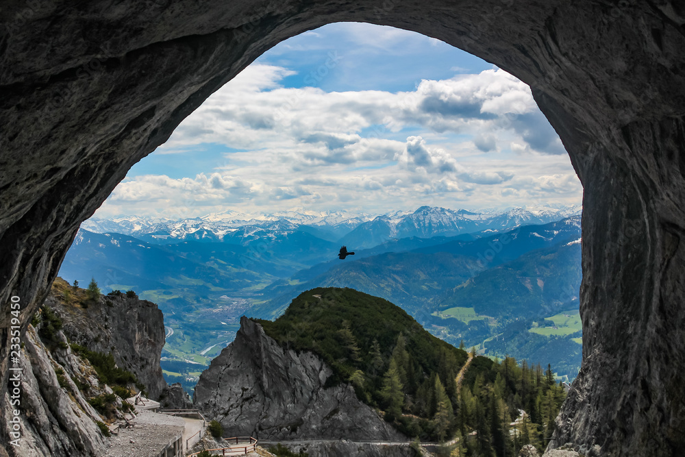 The beautiful view looking out the cave at Eisriesenwelt near Werfen in Austria