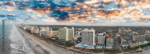 Aerial panoramic view of Myrtle Beach skyline and coastlline at sunset, South Carolina photo