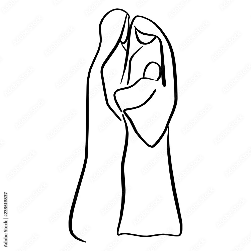 Christmas nativity story with holy family vector illustration sketch doodle hand drawn with black lines isolated on white background.