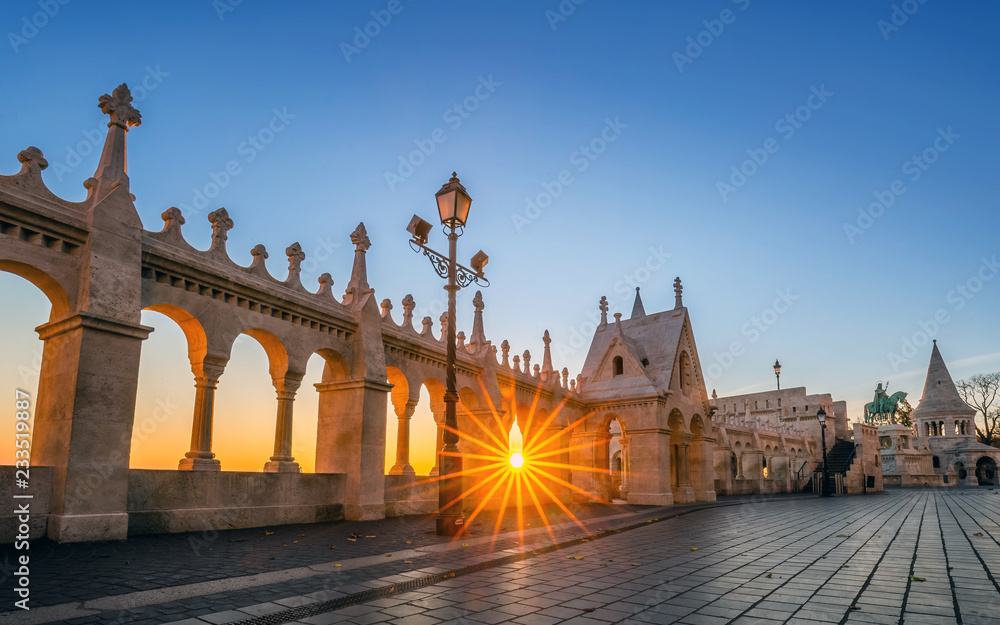 Budapest, Hungary - Sunrise at Fisherman's Bastion with clear blue sky