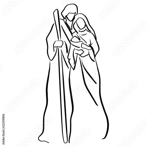 Nativity Scene with baby Jesus, Mary and Joseph vector illustration sketch doodle hand drawn with black lines isolated on white background.