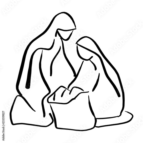 Nativity scene of baby Jesus in manger with Mary and Joseph silhouette vector illustration sketch doodle hand drawn with black lines isolated on white background.