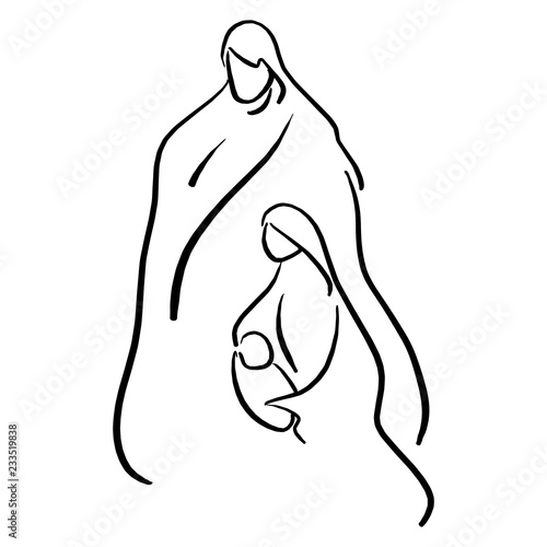 Christmas nativity scene of Joseph and Mary holding baby Jesus vector illustration sketch doodle hand drawn with black lines isolated on white background.