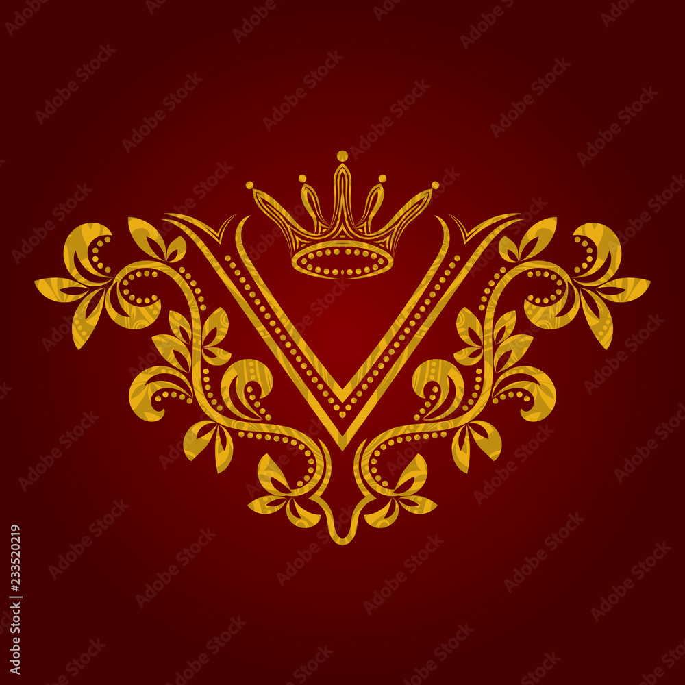 Patterned golden letter V monogram in vintage style. Heraldic coat of arms. Baroque logo template.