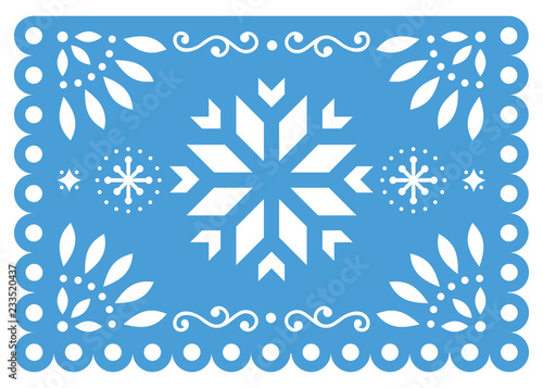 Christmas Papel Picado vector design with snowflake, Mexican winter paper decorations, blue and white 5x7 greeting card pattern