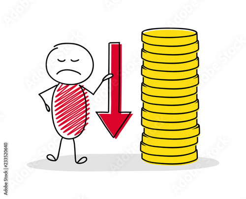 Stickman showing decreasing coin stacks. Vector.